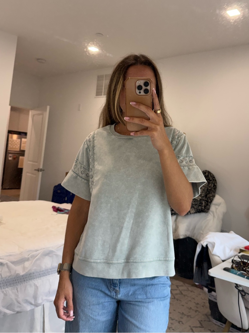 Jane and Delancey Light Sage Short Sleeve Tee with Embroidered Sleeves